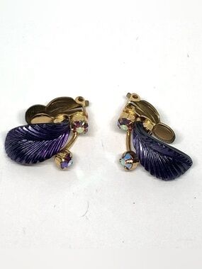 VTG Germany Purple Leaf , Pink AB Clip On Earrings Signed